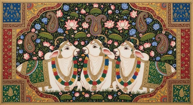 Traditional Indian Miniature Painting of Three Sacred Cows Adorned with Garlands.