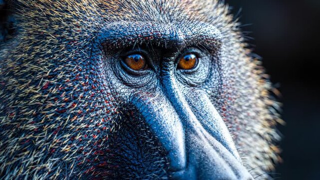 Drill monkey extreme close up zooming into intense gaze for wildlife and nature documentary content