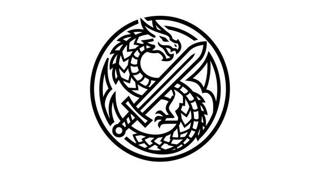 Circular Dragon and Sword Emblem Vector Illustration, Mythical Creature Logo for Gaming and Heraldry