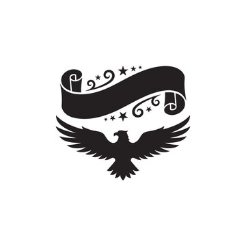 Eagle silhouette emblem with an open scroll banner and decorative swirls and stars