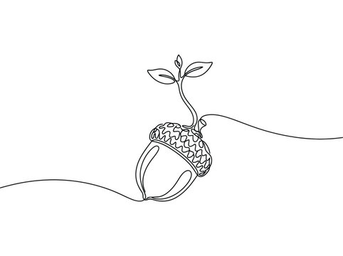 Single line drawing of a sprouting acorn symbolizing growth and new beginnings with a hopeful mood