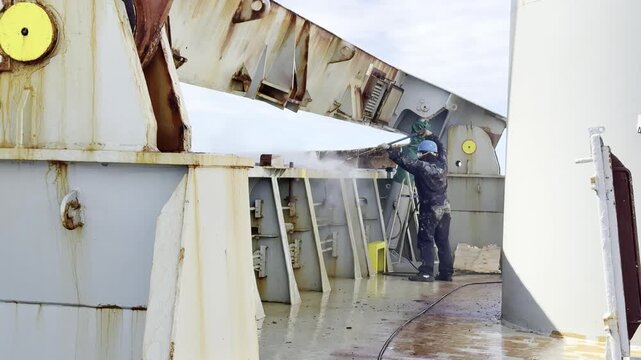 maintenance of ship by the crew. able seaman use special equipment, high pressure descaling machine for chipping waterway at coaming of cargo hold