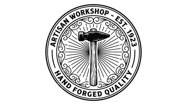 Vintage Artisan Workshop Emblem with Hammer and Sunburst; Hand Forged Quality Retro Badge for Blacksmith, Carpentry, and Craftsmanship