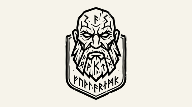 Viking Warrior Head Illustration with Norse Runes and Bearded Face in Shield Emblem