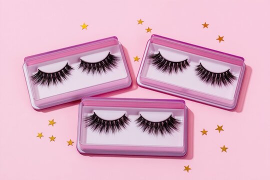 Three pairs of false eyelashes in purple cases rest on a pink background. Tiny gold stars are scattered around the eye makeup accessories. A beauty product laid out for display.