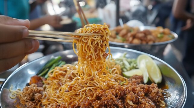 Delicious Burmese noodles with chicken and lime being lifted by chopsticks on a street food tour of Mandalay