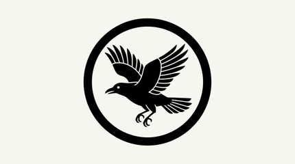 Fototapeta premium Black Raven or Crow Silhouette in Flight Inside Circle Emblem, Vector Illustration