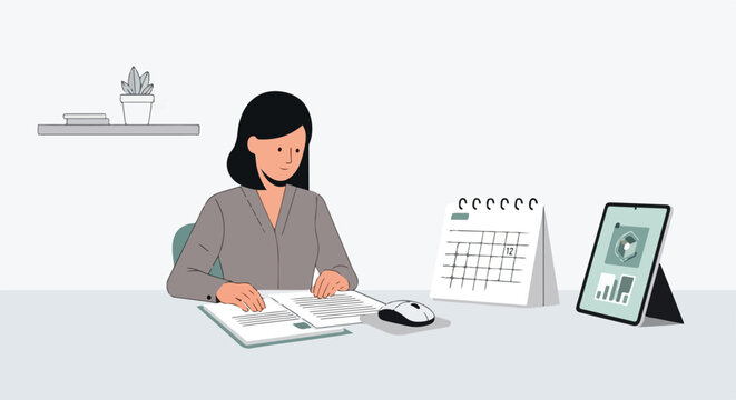 A woman sits at her minimalist desk, reviewing documents with a calendar, mouse, and a tablet displaying charts placed neatly beside her folder.