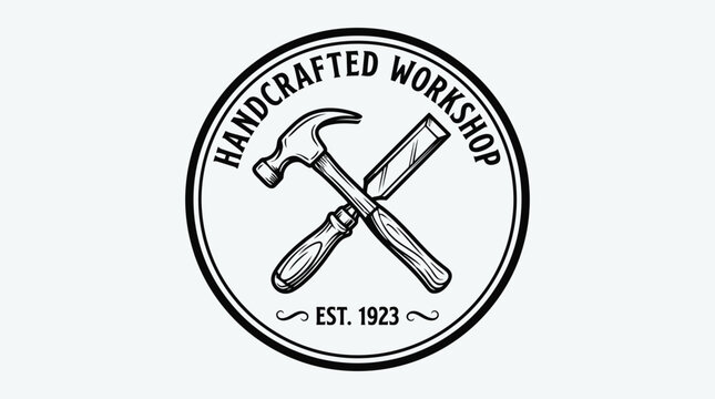 Vintage Handcrafted Workshop Logo Design featuring Crossed Hammer and Chisel Tools for Carpentry and Woodworking