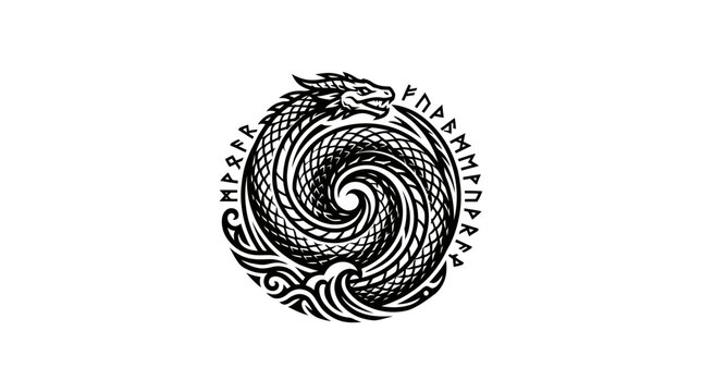 Viking Jormungandr Sea Serpent Dragon with Runic Inscriptions, Circular Tribal Norse Mythology Vector Illustration