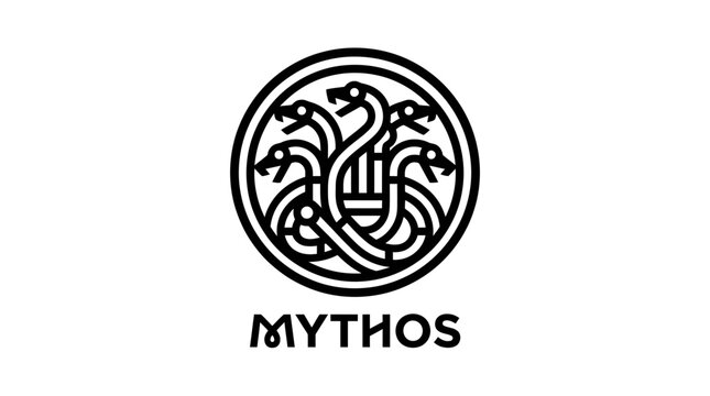 Minimalist Geometric Hydra Logo Design, Greek Mythology Multi-Headed Serpent Icon with Mythos Text