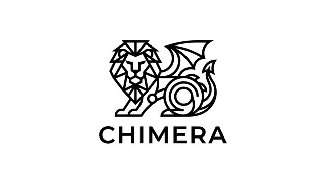 Geometric Chimera Logo Design with Lion Head and Dragon Wings, Minimalist Vector Illustration of Mythical Creature