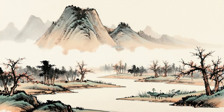 Minimalist Chinese ink wash painting of serene mountains, calm lake with trees and lotus plants. Tranquil landscape art with traditional brush strokes.