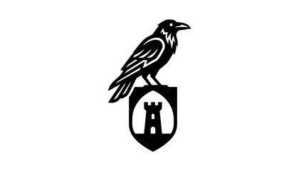 Fototapeta premium Gothic Raven Mascot Illustration Perched on Heraldic Shield with Castle Tower Silhouette