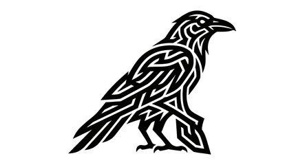 Fototapeta premium Stylized Raven Tribal Tattoo Vector Illustration - Black Crow Silhouette with Geometric Celtic Patterns