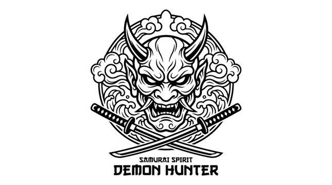 Japanese Hannya Oni Mask Illustration with Crossed Katana Swords and Traditional Oriental Clouds, Samurai Spirit Demon Hunter Logo Design