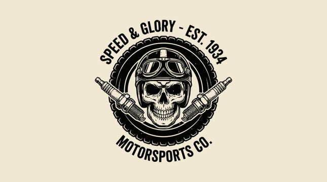 Vintage motorcycle skull badge featuring biker helmet, goggles, and spark plugs for motorsports club logo or apparel design.