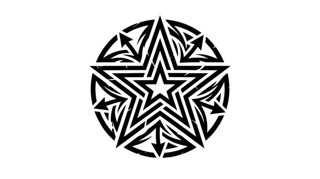 Tribal Circular Star Emblem with Arrows and Distressed Texture, Vector Illustration