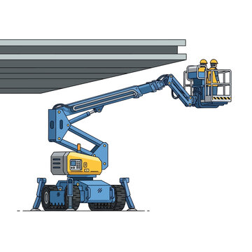 Construction workers using a telescopic boom lift for repairs.