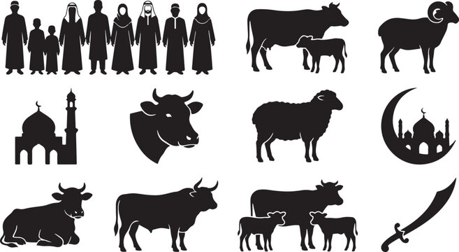 Sacrifice animals and islamic culture symbols set including cow sheep ram mosque and sword for eid al adha religious holiday graphics.