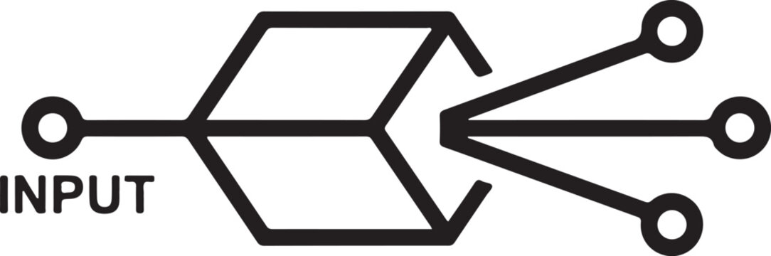 Data processing input flow diagram icon featuring a geometric box symbol with one single entry point and three distinct output paths on transparent background