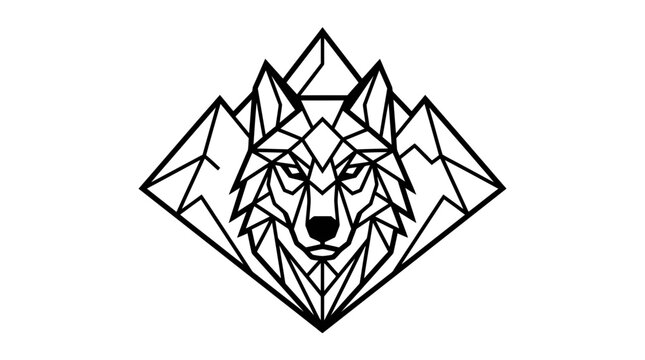 Geometric Wolf Head and Mountain Range Minimalist Line Art Vector Illustration