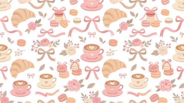 Cute Vector Seamless Pattern: Bakery  Cafe Food Illustration with Croissants, Macarons, Coffee  Pastries