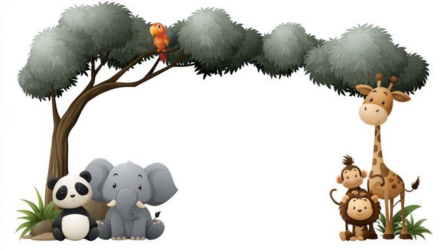Cute Cartoon Safari and Jungle Animals with Tree Frame Illustration