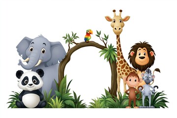 Naklejka premium Cute Cartoon Jungle Animals Illustration with Tree Branch Frame on White Background