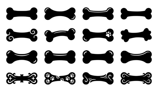 Detailed black dog bone silhouette collection vector illustration isolated on white background