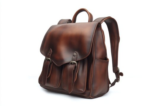 Brown leather backpack on a white background with two side pockets and a top handle