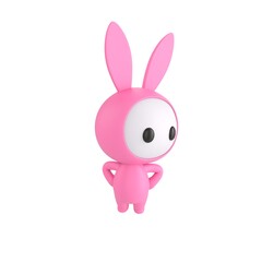 Fototapeta premium Cute 3D render Pink Bunny Monster character standing with hands on hips, body facing forward while looking to the side, confident and thoughtful pose, isolated on white background.