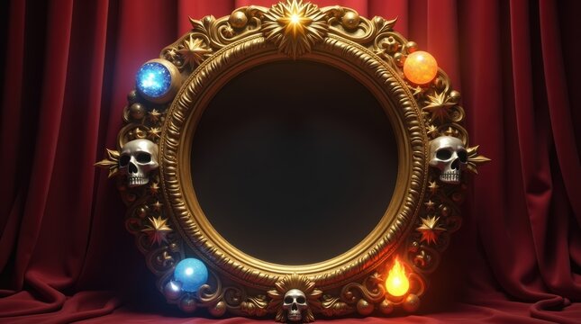 Ornate golden gothic round mirror frame with skulls and glowing magical orbs on a dark red velvet curtain background