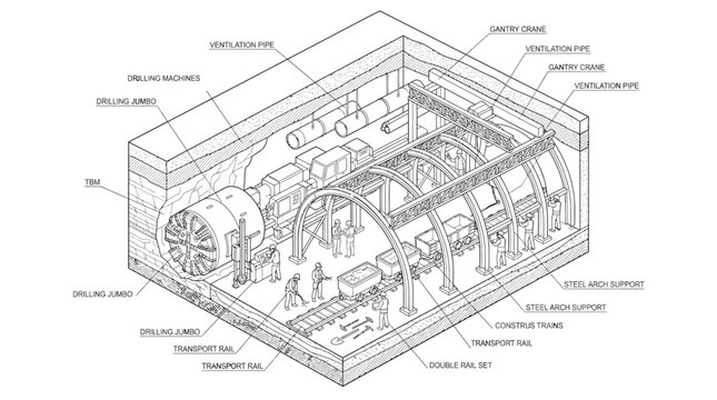 An exploded view illustration of a complex industrial machine with various labeled components and parts in an engineering or manufacturing setting.