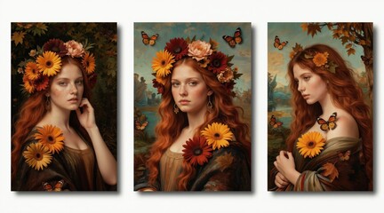 Fototapeta premium Redhead woman with flowers in hair and butterflies around her wears classical dress in autumn nature setting. Digital art portrait styled like renaissance painting for magazines and art lovers.