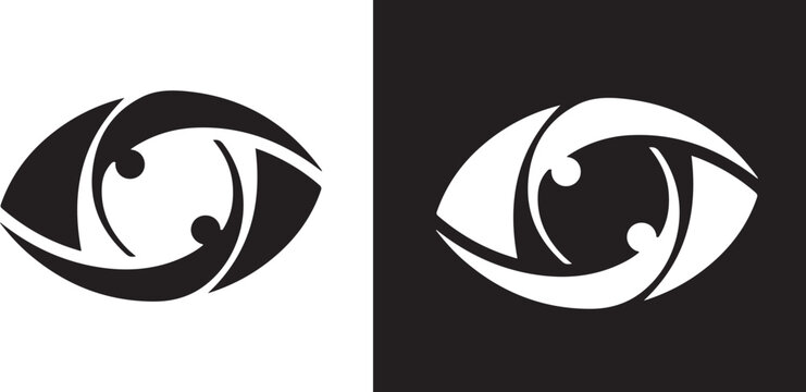 Abstract stylized eye symbol with geometric curved shapes representing vision and focus graphic element on transparent background