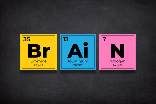 Brain text written using periodic table elements on chalkboard. 