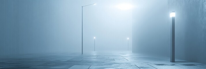 Obraz premium Foggy city morning with street lamps and rainy streets in a minimalist setting