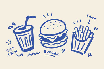 Fototapeta na wymiar Burger Fries Soft Drink Doodle Sketch Vector