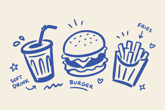 Burger Fries Soft Drink Doodle Sketch Vector