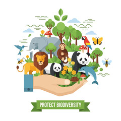 Fototapeta premium Biodiversity Protection: Hand Holding Ecosystem of Wildlife Illustration