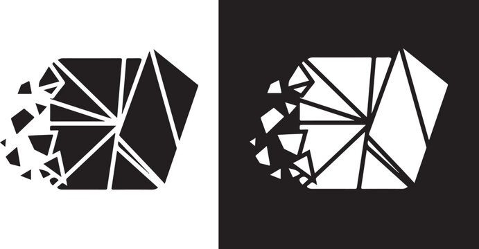 Geometric square shape shattering into sharp triangular fragments and small particles displayed as an abstract design on transparent background