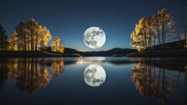 Full moon rising over a tranquil autumn lake with reflection at night