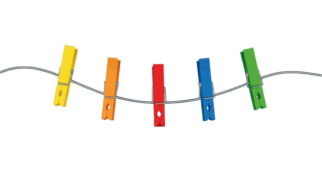 Colorful clothespins on a line isolated on transparent background, Vector