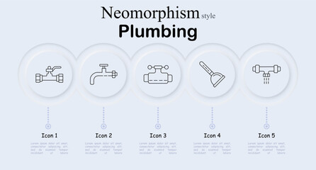 Plumbing set icon. Neomorphic circular interface line icons with dual valve pipe connector, water faucet spout, pipeline meter regulator, handheld shower sprayer, pipe sprinkler valve. © Anastasia