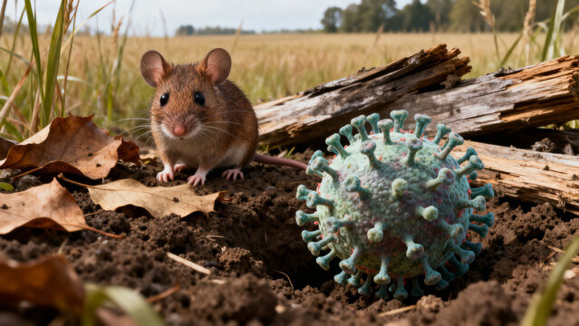 A wild mouse in a field symbolizes the connection between rodents and hantavirus, illustrating zoonotic disease outdoors.