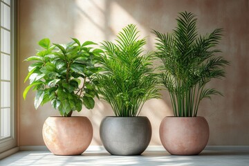 Fototapeta premium Indoor plants in modern pots enhance minimalism in a bright room setting with sunlight