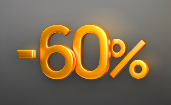 Luxury gold 3D realistic featuring minus 60 percent typography. Glossy discount number with shiny metallic finish for promotional banners, sale events, and special offer templates.
