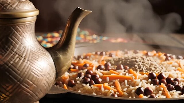 Traditional Pilaf Rice Dish with Spices and Vintage Teapot.