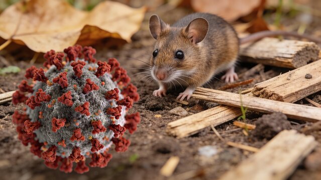 Wild mouse near dry leaves and soil, highlighted by a large hantavirus particle, emphasizing zoonotic disease and rodent-borne infection.